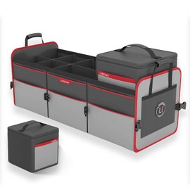 LIBZAKI Car Trunk Organizer,3 Compartments Big Trunk Storage, Large Capacity, Foldable, 95L Heavy Duty Storage Box for Car, SUV, Truck,Jeep, Includes 26L Cooler Bag-Gray&Black