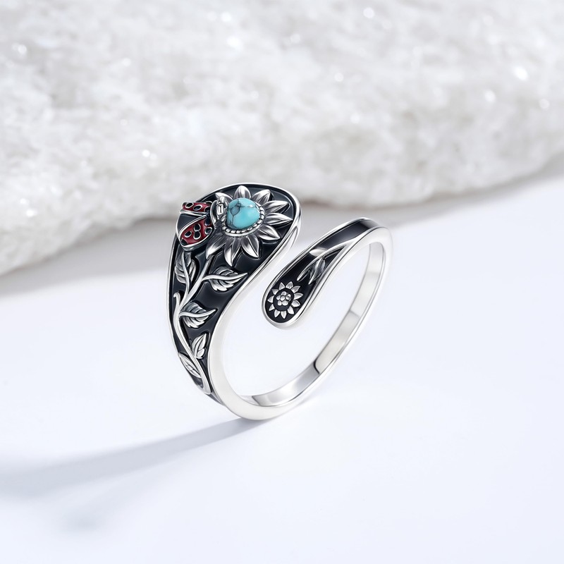 Nisgoin Sunflower Spoon Rings for Women- 925 Sterling Silver Turquoise