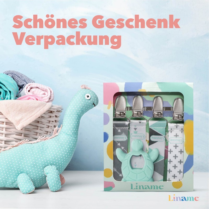Liname Neutral Pacifier Clip with Teething Toy - 4 Pack