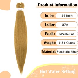 Braiding Hair 26 Inch 6 Packs Prestretched Braiding Hair Extensions Hot Water Setting Braiding Hair Pre stretched for Women (HoneyBlonde, Pack of 6)