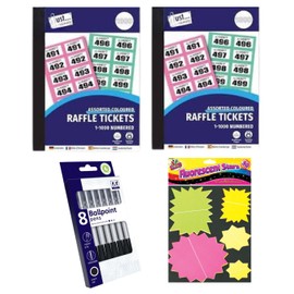 Complete Raffle Essentials Bundle by Mysterial – 2 x 1000 Coloured Raffle Tickets, 8 Ballpoint Pens & 50 Fluorescent Star Tags – Ideal for Raffles, Tombola Prizes & Fundraising Events