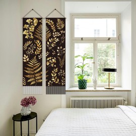 AHANDMAKER Pack of 2 Black Gold Botanical Tapestry, Boho Leaves Modern Plant Vertical Long Aesthetic Tapestry, Doorway Curtain Tassel Wall Hanging for Bedroom Living Room, 13 x 51 Inch