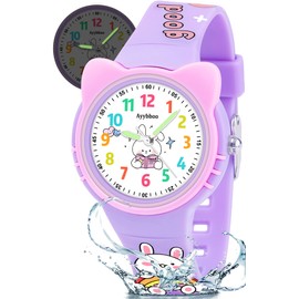 Ayybboo Cat Analog Watch for Girls Boys Toddler, Learning Time and Easy to Read, 30M Waterproof Children Quartz Wristwatches, Cute Telling Time Hand Watch with Cartoon Soft Strap Age 5-12 Purple