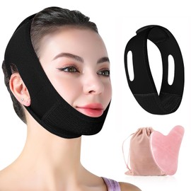 Double Chin Reducer with Gua Sha Facial Tool, Chin Strap with Mouth Tape Functionality, V-Line Lifting Face Lift Slimming Strap, Face Slimmer Shaper for Women with Natural Jade Guasha(Black + Rose Quartz)