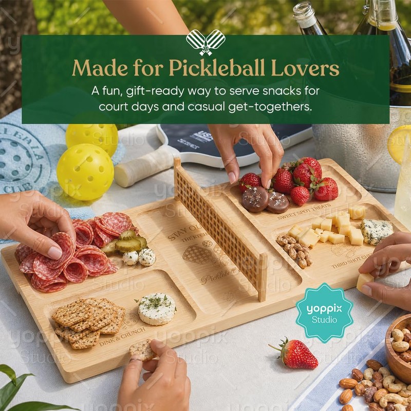 YOPPIX Pickleball Court Charcuterie Board – Bamboo Funny Pickleball Gift