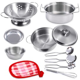 Rupnoflbui Kids Kitchen Pretend Play Toys,Mini Play Kitchen Accessories Set with Stainless Steel Pots and Pans, Cooking Utensils Cookware for Girls and Boys Aged 3 Years and up, 11Pieces