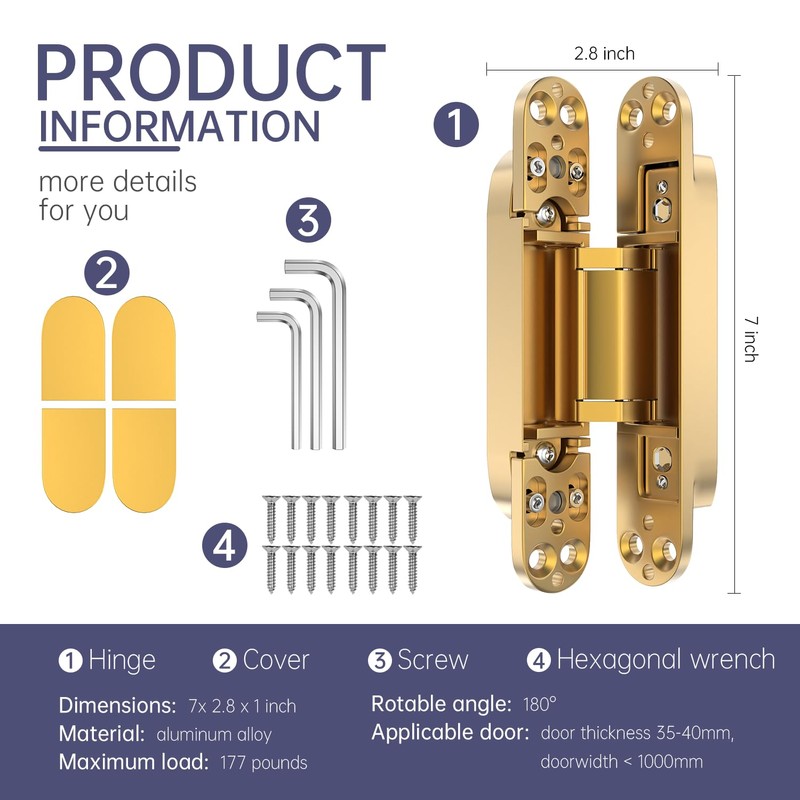 7" 2 pcs Hidden Hinges for Doors Invisible Hinges Concealed