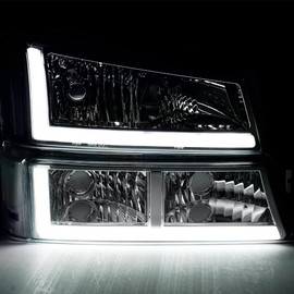 DimFlux LED DRL Headlight Headlights Assembly Kit Compatible with 2003-2006 Chevy Silverado/2003-2006 Avalanche Fit Models without Factory Cladding ONLY Headlamp Chrome Housing Clear Reflector