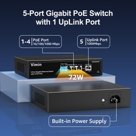 VIMIN 4 Port Gigabit PoE Switch with 1 Uplink Gigabit Ports, 5 Port Unmanaged Ethernet PoE Switch with 72W Power, Support IEEE802.3af/at, VLAN, Metal Housing, Desktop or Wall-Mount, Plug & Play