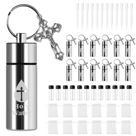 12 SET Holy Water Bottles, Silver Keychain Holy Water Container with Cross Pendant Drawstring Bag Plastic Eyedropper for Catholic Christian First Communion Gift Church Wedding Baptism Party Favors
