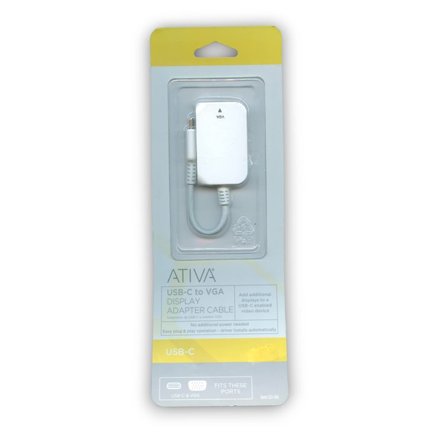ATIVA USB-C to VGA Adapter, White, 41509 Video Converter for