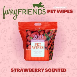 FurryFriends Pet Wipes | Strawberry | Hypo-allergenic | Alcohol Free| Deodorizing | Removes Loose Hair & Dirt | Incredibly Clean | 200 ct. 1 Pack