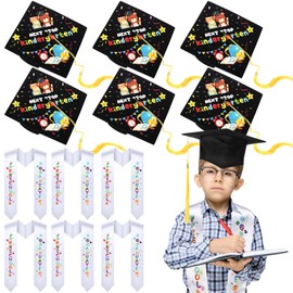 Funnysoft 12 Pieces Preschool Graduation Cap with Tassel and Sash 2025 Adjustable Elastic Unisex Printed Next Stop Kindergarten Graduation Hat for Kids Boys Girls Grad Gifts