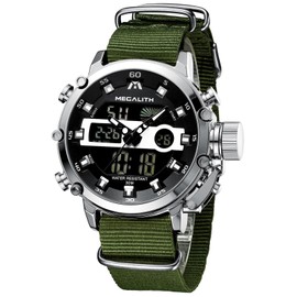 MEGALITH Men's Watch Sporty Military Digital Watch LED Large Dial Watches for Men Digital Analogue Watch Men's Waterproof Stopwatch Alarm Clock Calendar, A3- Green Silver, Strap.