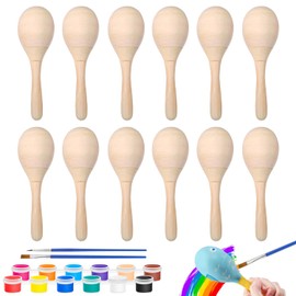 Prmape Pack of 12 Mini Wooden Maracas with 2 Acrylic Colours + 2 Brushes, Maracas Wooden Children, Rattle Wooden Musical Instrument, Rattles for Children, Parties and Schools