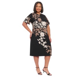 London Times Women's Plus Size Jewel Neck Flutter Sleeve Emotional Flattering Polished Chic Midi Length Sheath Dress, Black/Cream Tan