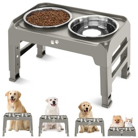 Elevated Bowls, 4 Height Adjustable Raised Stand With 2 Thick 50oz Stainless Steel Food Bowls, Non-Slip Feeder for Dogs, Adjusts to 3.7", 9.2", 10.75", 12.36" Light Brownish Gray