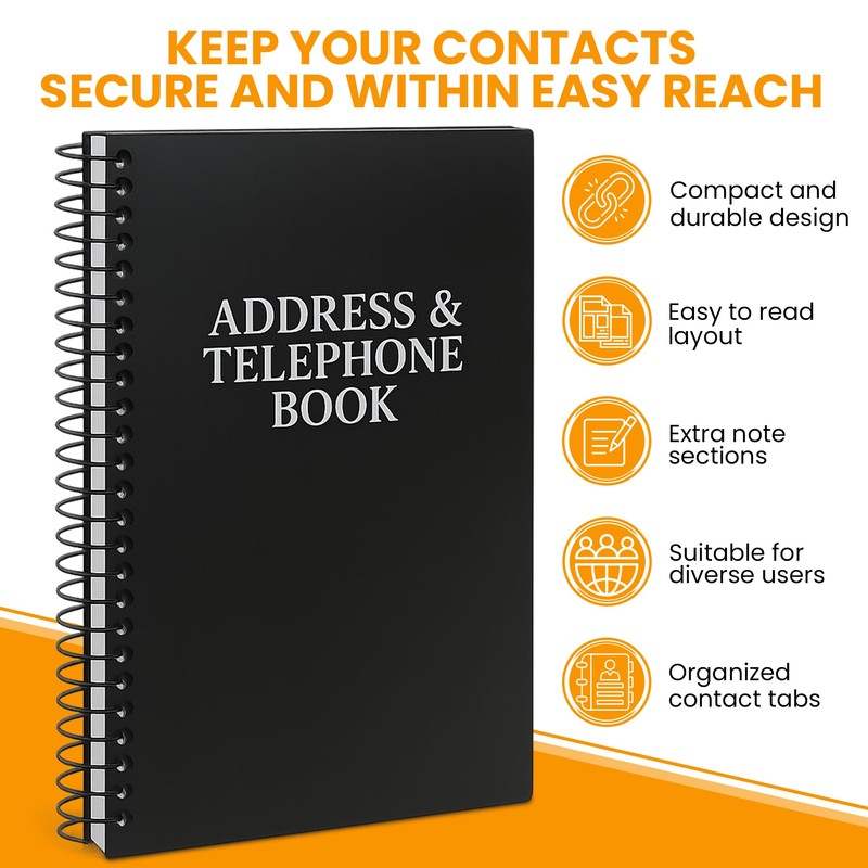 Iconikal Address and Telephone Book, Black, 8 x 5 inches,