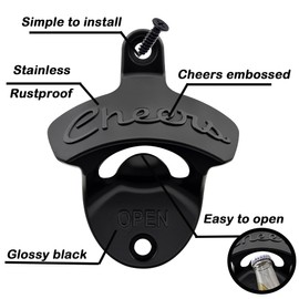Luwanburg Black Bottle Opener Wall Mounted Beer Cap Opener Cheers, Stylish Mountable Bottle Top Opener Stainless Gift for Dad Husband Boyfriend