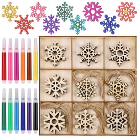 Pack of 45 Snowflakes Wood, Snowflakes Decorative Christmas Tree Pendants, Wooden Snowflakes Crafts Christmas with Hanging Rope and 12 Coloured Pens, Vintage Christmas Tree Decoration