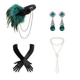 Niaspi 4 Pcs 1920s Jewelry Set Vintage Layered Pearl Necklace Gatsby Rhinestone Teardrop Dangle Earrings Multilayer Pearls Necklace Earrings Headband Glove Flapper Accessories for Women Bridal(Green)
