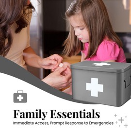 Flexzion Vintage First Aid Kit - 13" Gray Metal Box with Dividers, Removable Tray and White Cross Logo