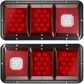 Partsam 2Pcs LED Triple Tail Lights 45 LEDs, Rectangle Vertical or Horizontal Mount LED Trailer Camper RV Tail Lights Stop Turn Tail Backup Reverse Lights Taillights w/Black Base - Red/Clear Lens