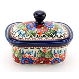 Polish Pottery Market Butter Dish with Lid, 5.75" L x 4" W x 3" H, Capacity: 14 Oz., Butter Container Keeper Storage, Handmade by Zaklady Boleslawiec Poland, Ceramic Butter Dish with Knob Handle