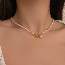 TseenYi Pearl Clasp Toggle Chain Gold Beads Necklace Clasp Toggle Beads Necklace Small Beads Chain Necklace Bar Circle Toggle Pendant Necklace, Zinc