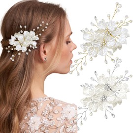 4Pcs Flower Wedding Hair Clips Bride Pearl Hair Barrettes White Floral Rhinestone Crystal Leaf Vine Headpiece Bridal Wedding Hair Accessories for Women Girls