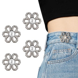 RichLuck Jeans Button, 4 Sets Adjustable Flower Button for Jeans, Detachable Decorative Waist Buckles, Perfect Fit Tighten Waist Adjustment Instant Button Pins for Pants - White