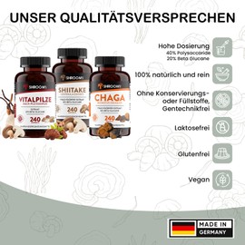 SHROOMY Shiitake + Chaga + Vital Mushrooms (Mushroom Complex) in a Set of 3 - 240 High Dose Mushroom Extract Capsules with 20% Beta Glucans and 40% Polysaccarides