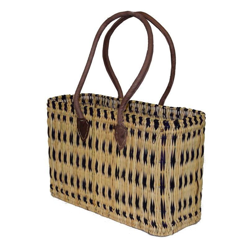 Seagrass Shopping Basket, Braided Bag with Leather Handle, Medium Size