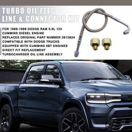 Turbo Oil Feed Line & Connector Kit 3913824 for 1989-1998 Dodge Ram 5.9L 12V Cummins Diesel Engine - Direct Fit Replacement Turbocharger Oil Line Assembly