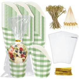 FYSUIMU 50Pcs Sage Green Charcuterie Cups with 200 Sticks 50 Bags & Ties 14oz Green Plaid Disposable Appetizer Cup French Fry Holder for Wedding Birthday Bridal Baby Shower