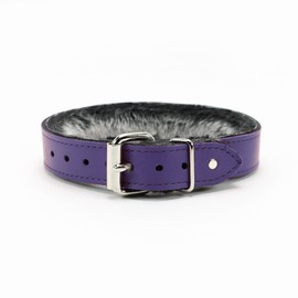 VP Leather Kimberly Collar - Latigo Leather, Luxury Faux Chinchilla Fur Lining, Handmade Collar (Large, Purple)