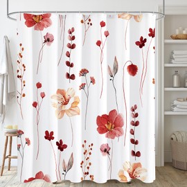 Gibelle Watercolor Floral Shower Curtain, Red Beige Flower Shower Curtain for Bathroom, Modern Minimalist Waterproof Fabric Shower Curtain Set with Hooks 72x72 Inch
