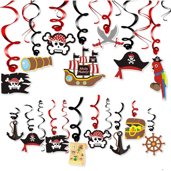 Levfla 30CT Pirate Party Hanging Foil Swirls Decoration Kids Birthday Photo Props Adventure Ideas Ceiling Captain Hat Skull Treatures Parrot Cutouts Halloween Door Whirls Streamers Favor Supplies