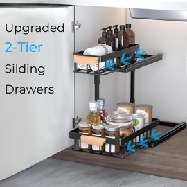 Swartisfad Under Sink Organizers, 2 Tier Pull Out Organizer and Storage, Upgraded Metal Storage Shelves with Sliding Basket, Cabinet or Countertop Organizer for Kitchen Bathroom (Black, 1 Pack)