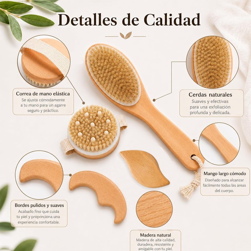 Kit de Cepillos Corporales de Cerdas Naturales y Gua Sha