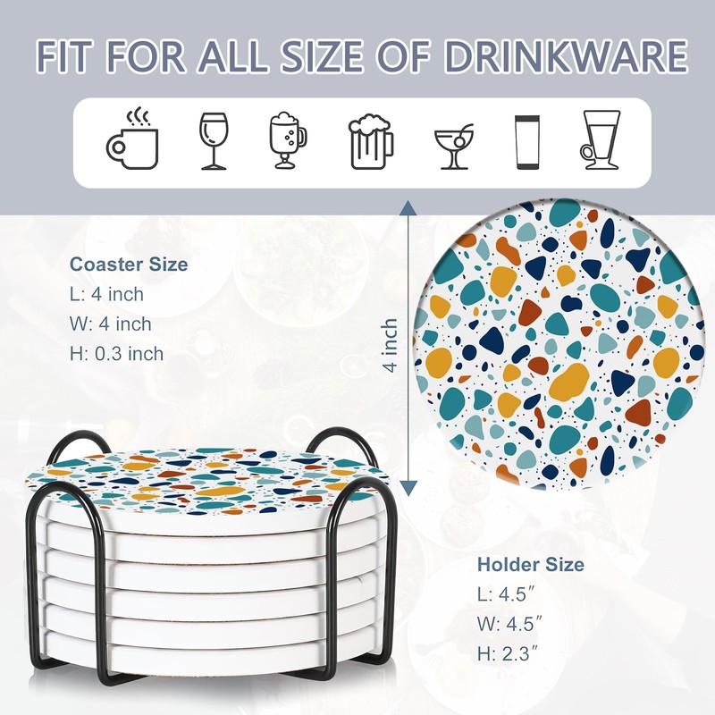 6 Pcs Coasters for Drinks with Holder, Terrazzo Marble Absorbent