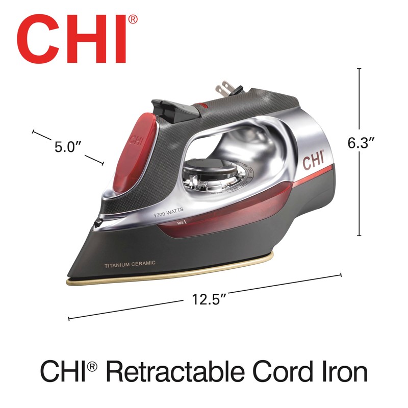 CHI Steam Iron for Clothes with 8’ Retractable Cord, 1700