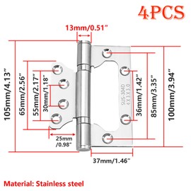 Qrity 4 Pieces Door Hinges, 4 Inch Home 100mm Door Hinges Stainless Steel Ball Bearing Mute Hinges for Internal External Doors, Silver