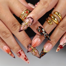 Handmade Press on Nails Medium Almond Fake Nails Press Ons Fall Leopard Lrint 3D Gold Flower Cherry Rhinestone Full Cover Rose Charm Stick on Nails Glue on Nails for Women Girls (Charm Brown S)