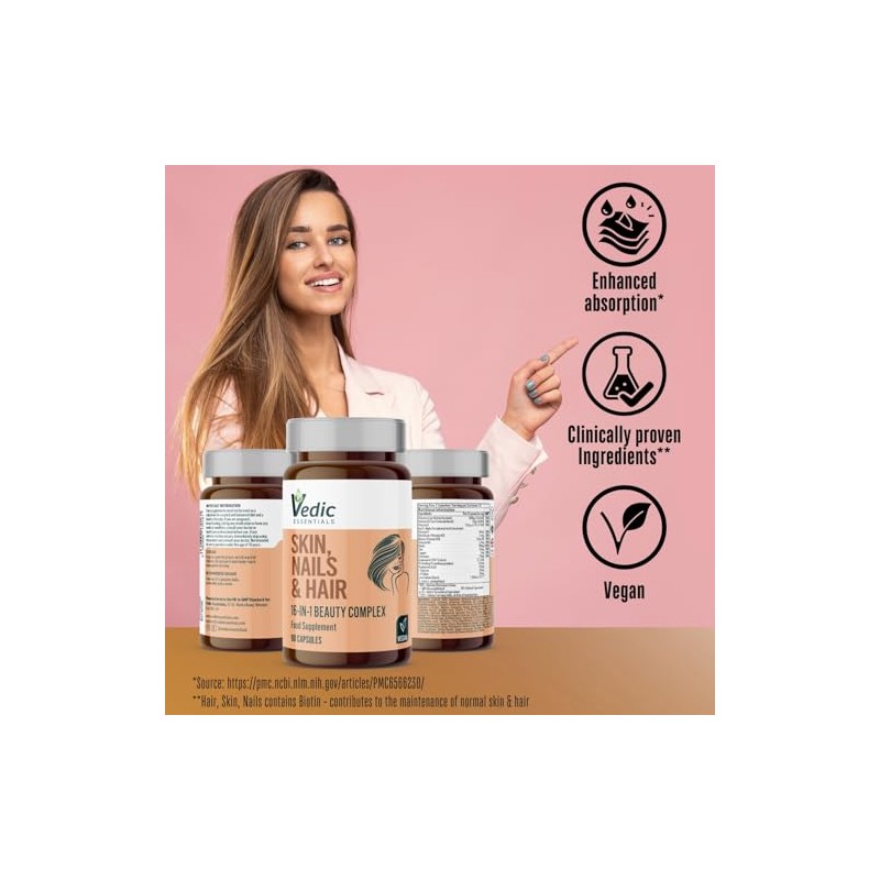 Vedic Skin Hair Nails Beauty Complex | 16-in-1 Vegan Capsules