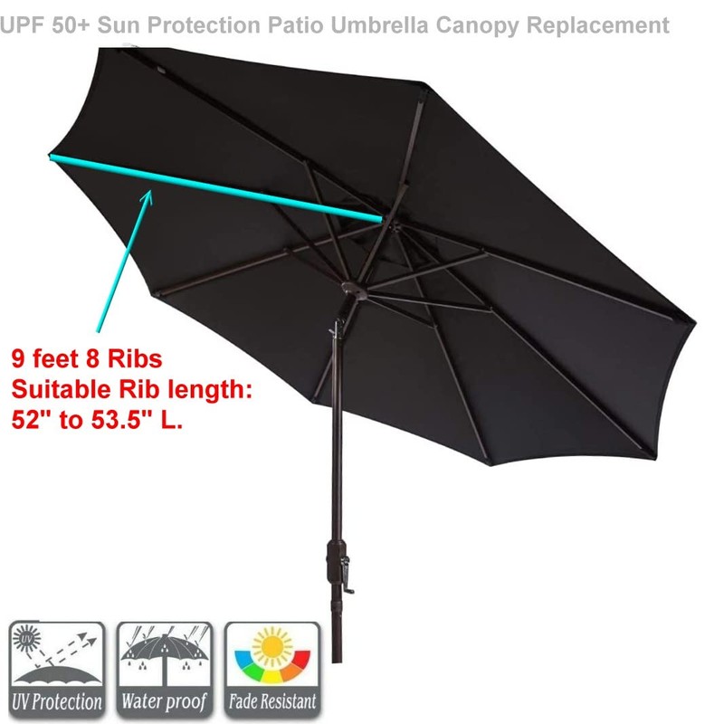 Bayside21 Black Umbrella Replacement Canopy for 9 ft 8 Ribs