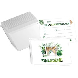 Olgs 12 x invitation cards for children's birthday tiger, perfect invitation for children's birthday or children's party, birthday invitations to fill out, party invitations, green, jungle