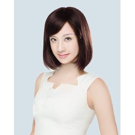  Cute Princess Full Wig, Bob, 100% Human Hair, Hand Planted, Natural, Fluffy, Women's Wig, Straight Oblique Bangs, Women's Hair Hidden, Hair Enhancement, Net Included, Brown