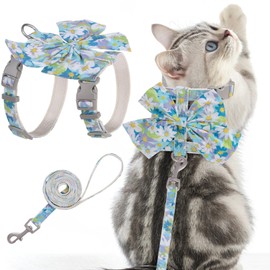 PAWCHIE Cat Harness and Leash Set with Bow Knot,Cats Escape Proof-Adjustable Daisy Floral Kitten Harness Soft Outdoor Walking Travel Pet Harness,Puppy Harness for Girl Cats Bunny Rabbit Small Dog,Blue