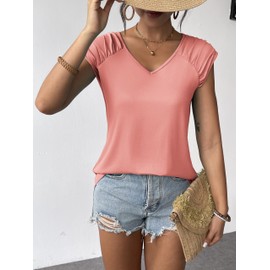 Zeagoo Womens Tops Cute Loose Tank Tops Trendy Casual Dressy Shirts V Neck Cap Sleeve Tops Summer Outfits Coral Pink